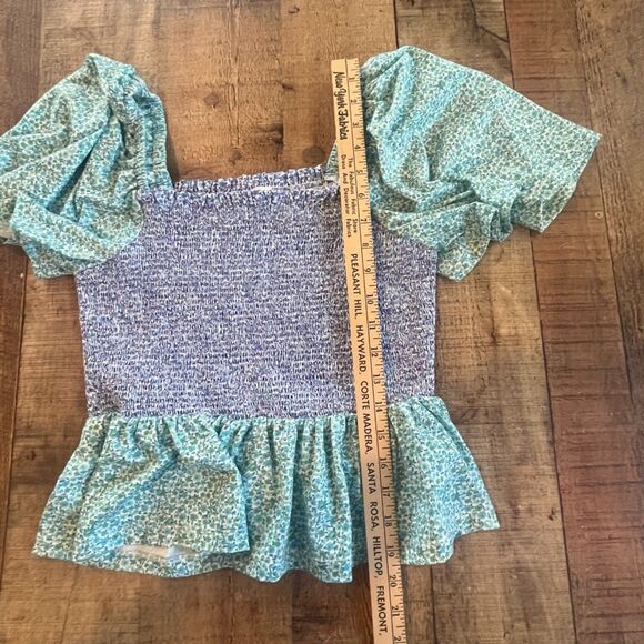 Free The Roses Smocked Floral Blouse Flounce Small Green Purple - Picture 6 of 10